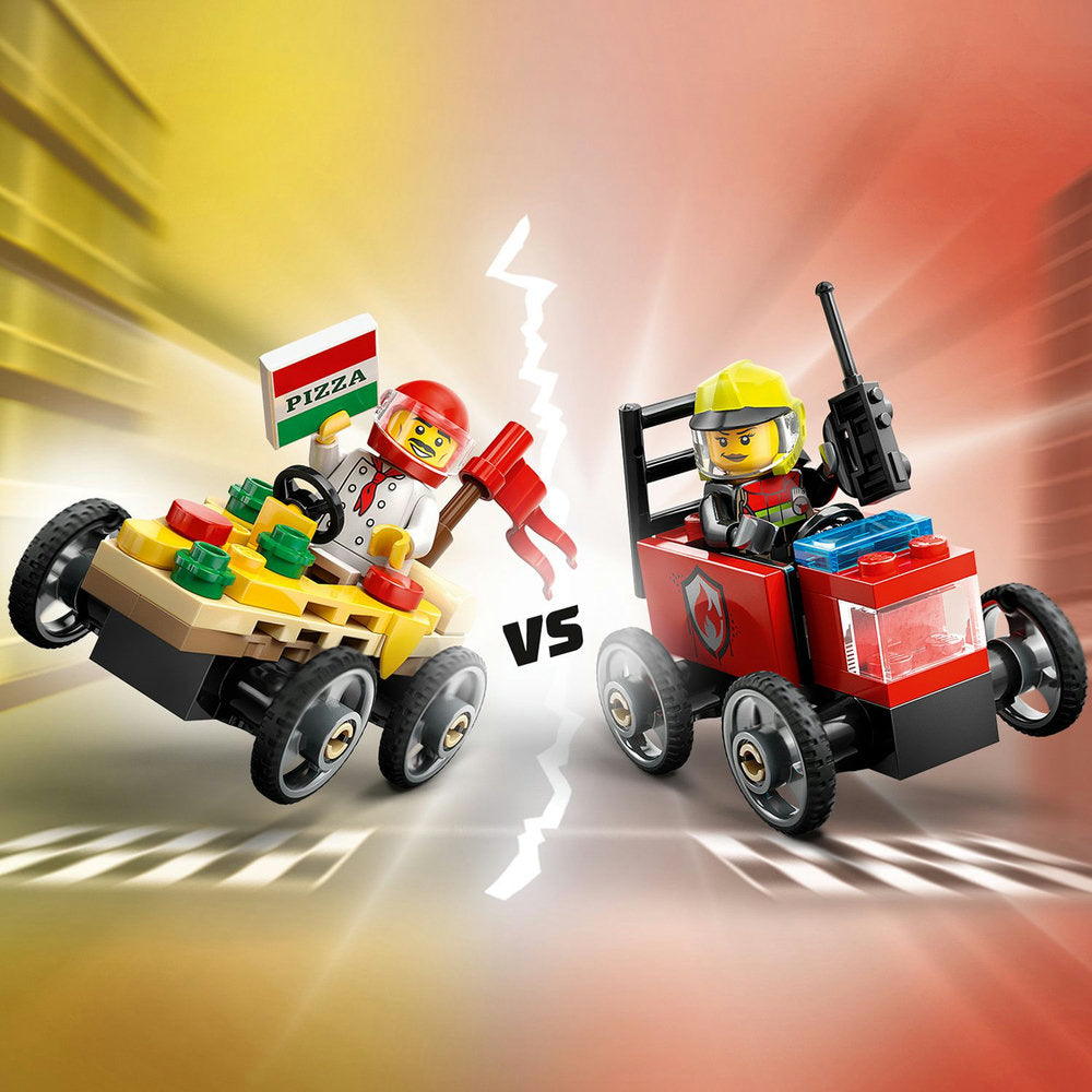 Pack de Coches de Carreras: Pizza vs. Camión de Bomberos