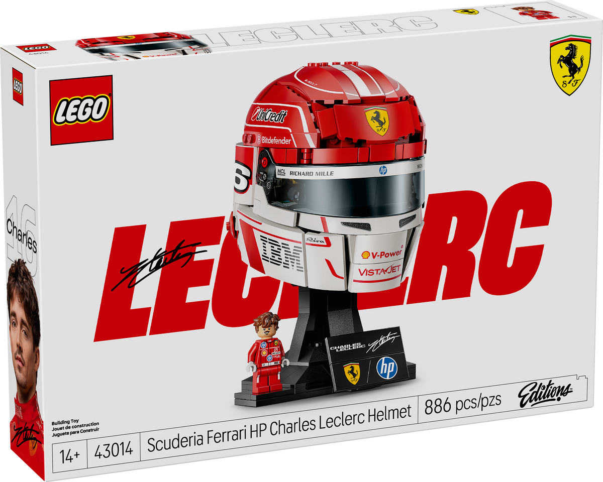 Set LEGO® Editions Scuderia Ferrari HP: Casco de Charles Leclerc 43014 con diseño inspirado en Formula 1®, minifigura de Charles Leclerc y detalles oficiales Ferrari.
