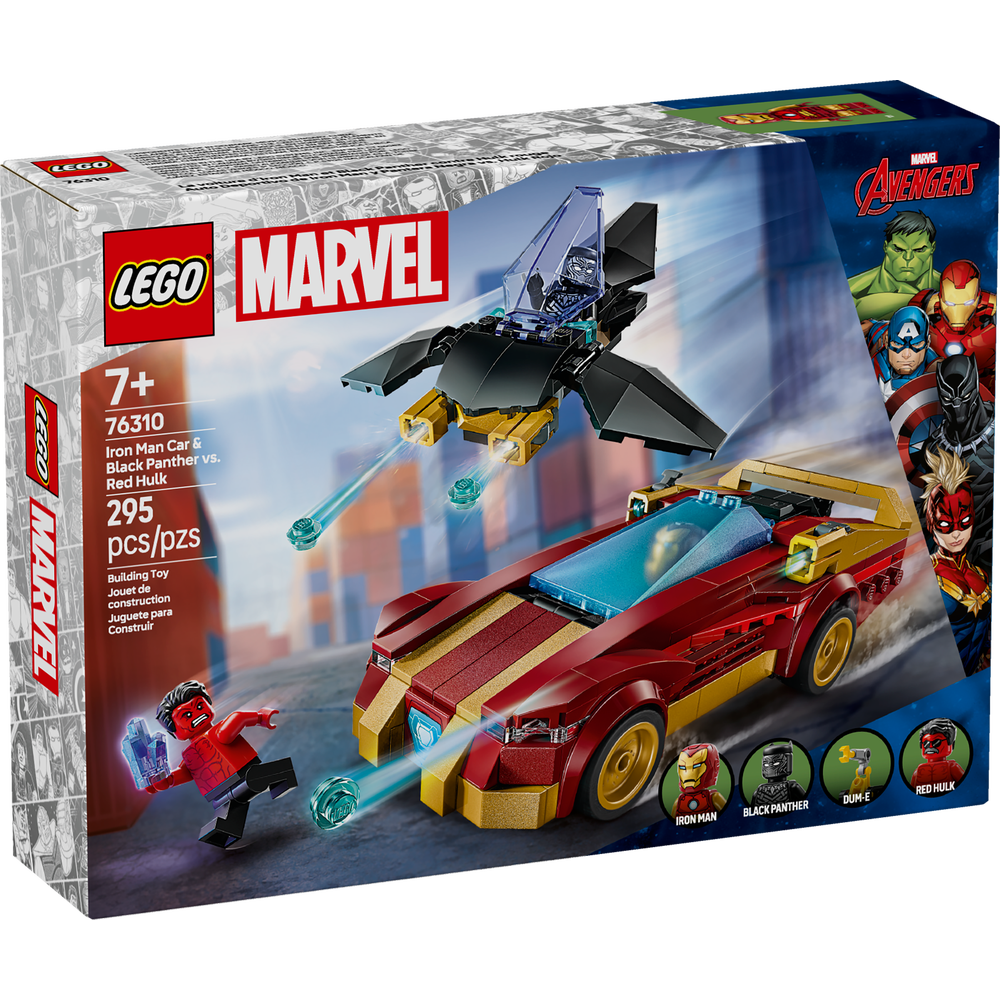 Set LEGO® Marvel con coche de Iron Man, nave de Black Panther y Hulk Rojo