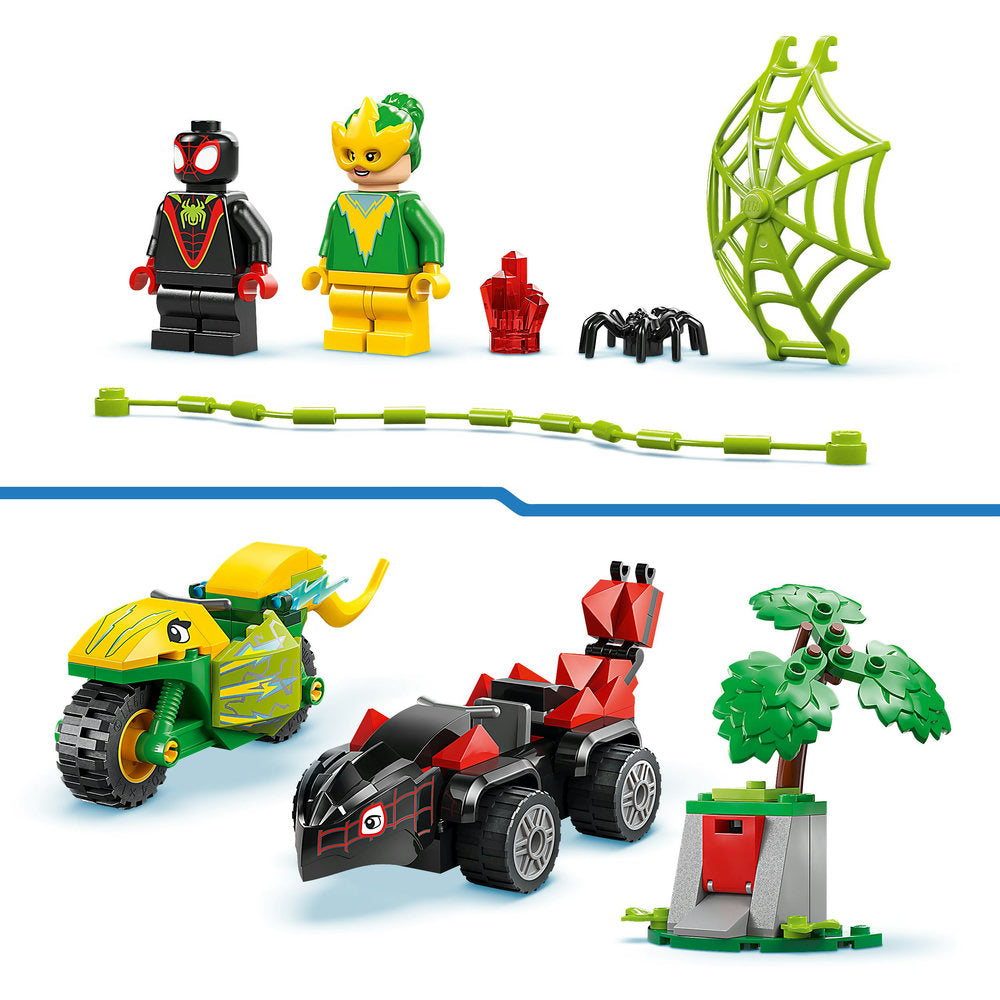 Combo Marvel: Spin y Electro: Duelo de Vehículos Dinosaurio (11198) y  Spidey y Gobby: Batalla de Raptores en la Base de la Casa del Árbol (11200)