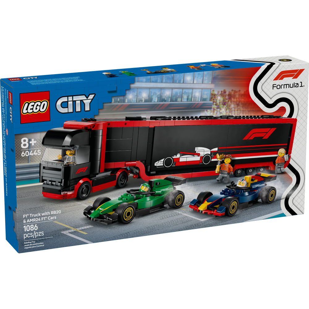 LEGO City Camión de F1 con Coches RB20 y AMR24 60445, remolque y minifiguras de pilotos y equipo