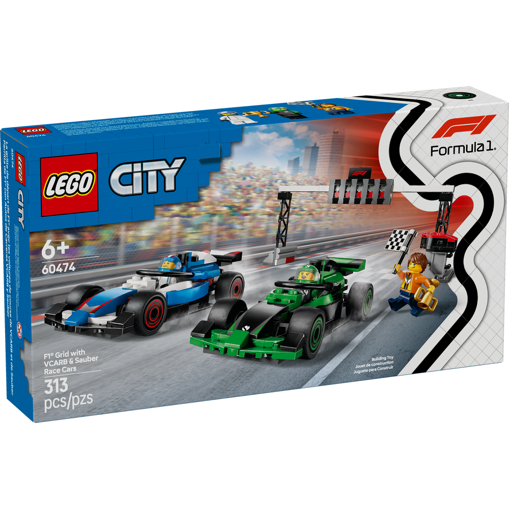 Set LEGO® City F1 con coches de carreras VCARB y Sauber, puente de luces y minifiguras