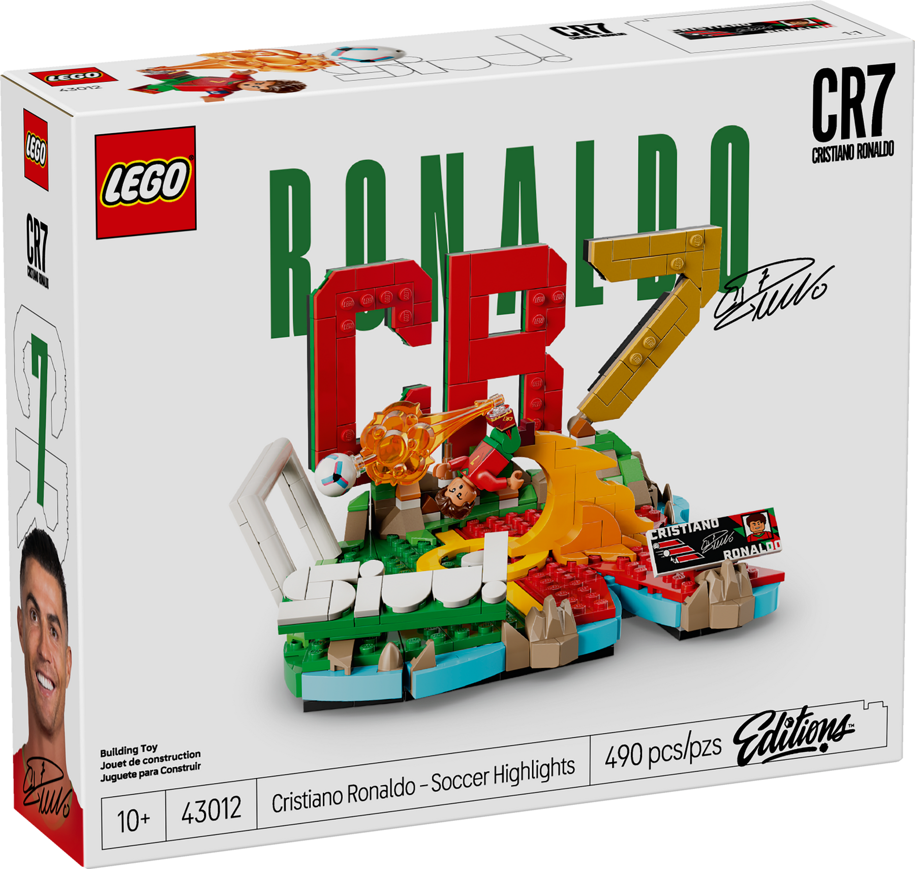 Set LEGO® Editions Cristiano Ronaldo: Fenómenos del Fútbol 43012 con minifigura de CR7, base inspirada en Portugal y decoración coleccionable para fans del fútbol.