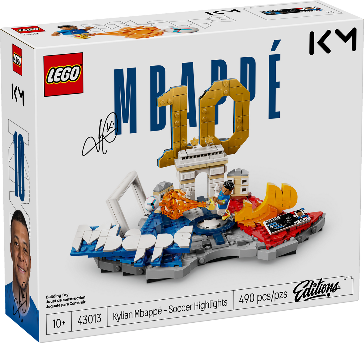 Set LEGO® Editions Kylian Mbappé: Fenómenos del Fútbol 43013 con minifigura de Mbappé, colores de Francia y decoración coleccionable para fans del fútbol.
