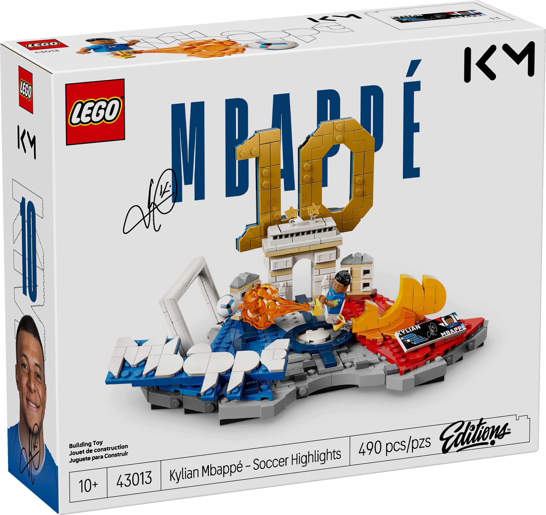 Set LEGO® Editions Kylian Mbappé: Fenómenos del Fútbol 43013 con minifigura de Mbappé, colores de Francia y decoración coleccionable para fans del fútbol.