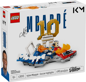 Set LEGO® Editions Kylian Mbappé: Fenómenos del Fútbol 43013 con minifigura de Mbappé, colores de Francia y decoración coleccionable para fans del fútbol.