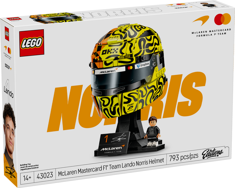 Set LEGO® Editions McLaren F1® Team Casco de Lando Norris 43023 con diseño conmemorativo del Gran Premio 1000 de McLaren, minifigura del piloto y base de exhibición.