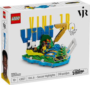 Set LEGO® Editions Vini Jr.: Fenómenos del Fútbol 43027 con minifigura de Vinicius Junior, colores de Brasil y decoración coleccionable para fans del fútbol.