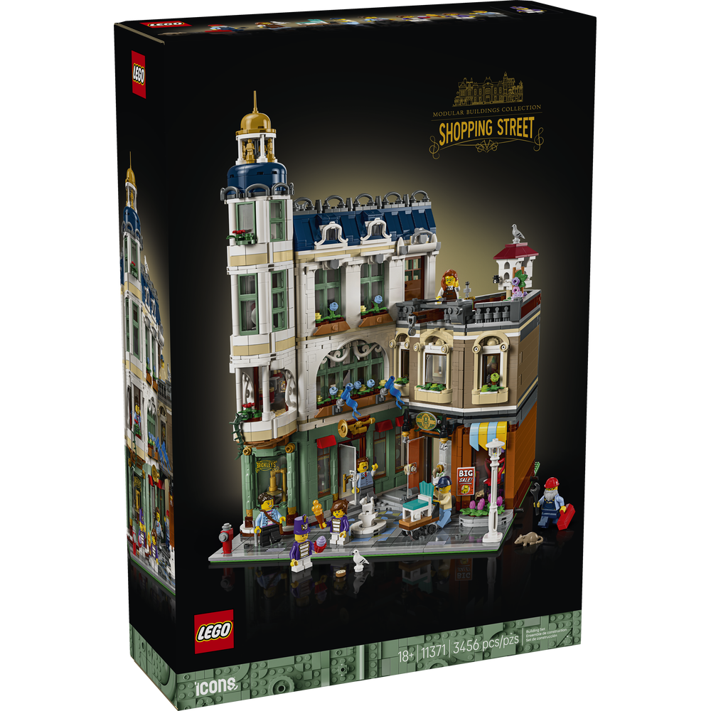 Set LEGO® Icons calle comercial modular con tiendas y apartamento