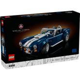 Maqueta LEGO Icons Shelby Cobra 427 S/C 10357 con diseño clásico azul, franjas blancas y motor detallado