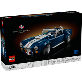 Maqueta LEGO Icons Shelby Cobra 427 S/C 10357 con diseño clásico azul, franjas blancas y motor detallado