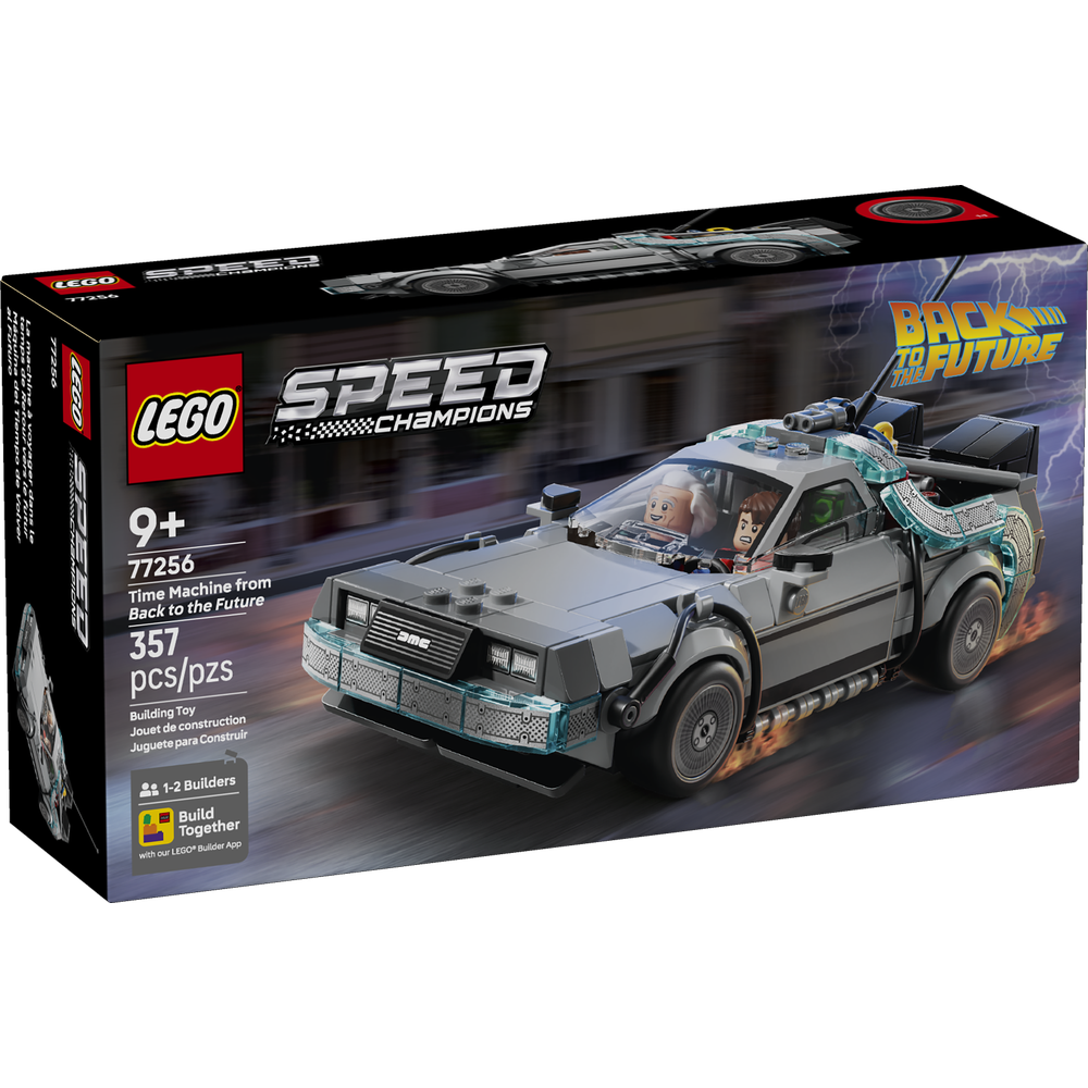 LEGO® Speed Champions Máquina del Tiempo de Regreso al Futuro 77256 con minifiguras de Doc Brown y Marty McFly, convertible en dos versiones icónicas del DeLorean.