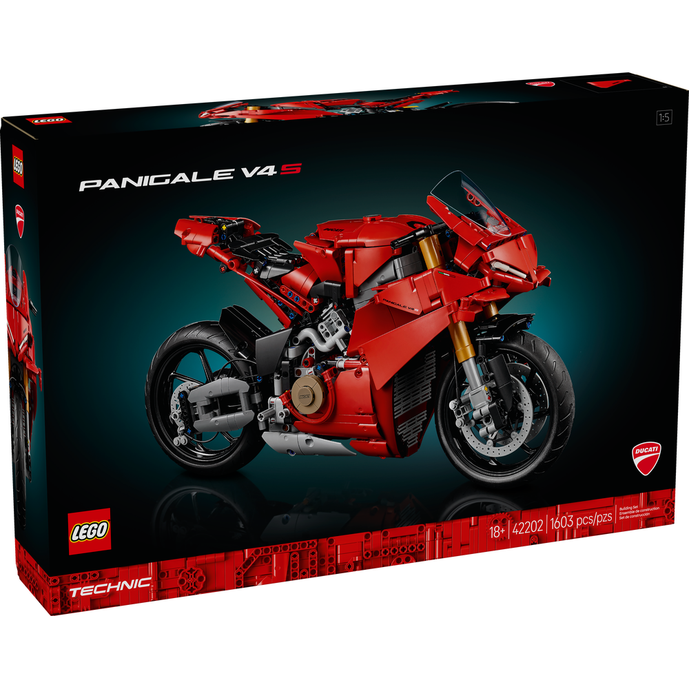 LEGO Technic Moto Ducati Panigale V4 S 42202 maqueta roja con motor V4 y suspensión detallada para adultos