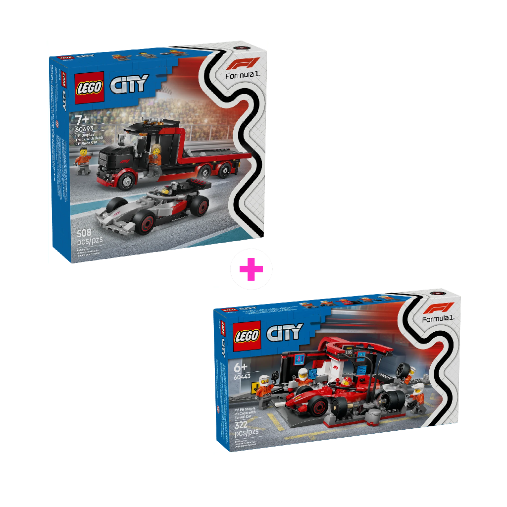 Combo City F1: Camión de Exposición de F1® con Coche de Carreras Audi F1® (60493) y Parada en Boxes de F1® y Equipo de Mecánicos con Coche Ferrari (60443)