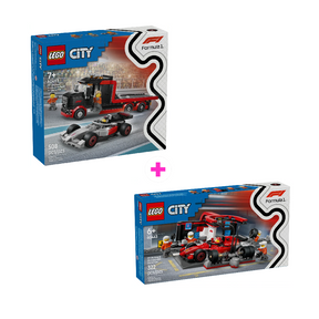 Combo City F1: Camión de Exposición de F1® con Coche de Carreras Audi F1® (60493) y Parada en Boxes de F1® y Equipo de Mecánicos con Coche Ferrari (60443)