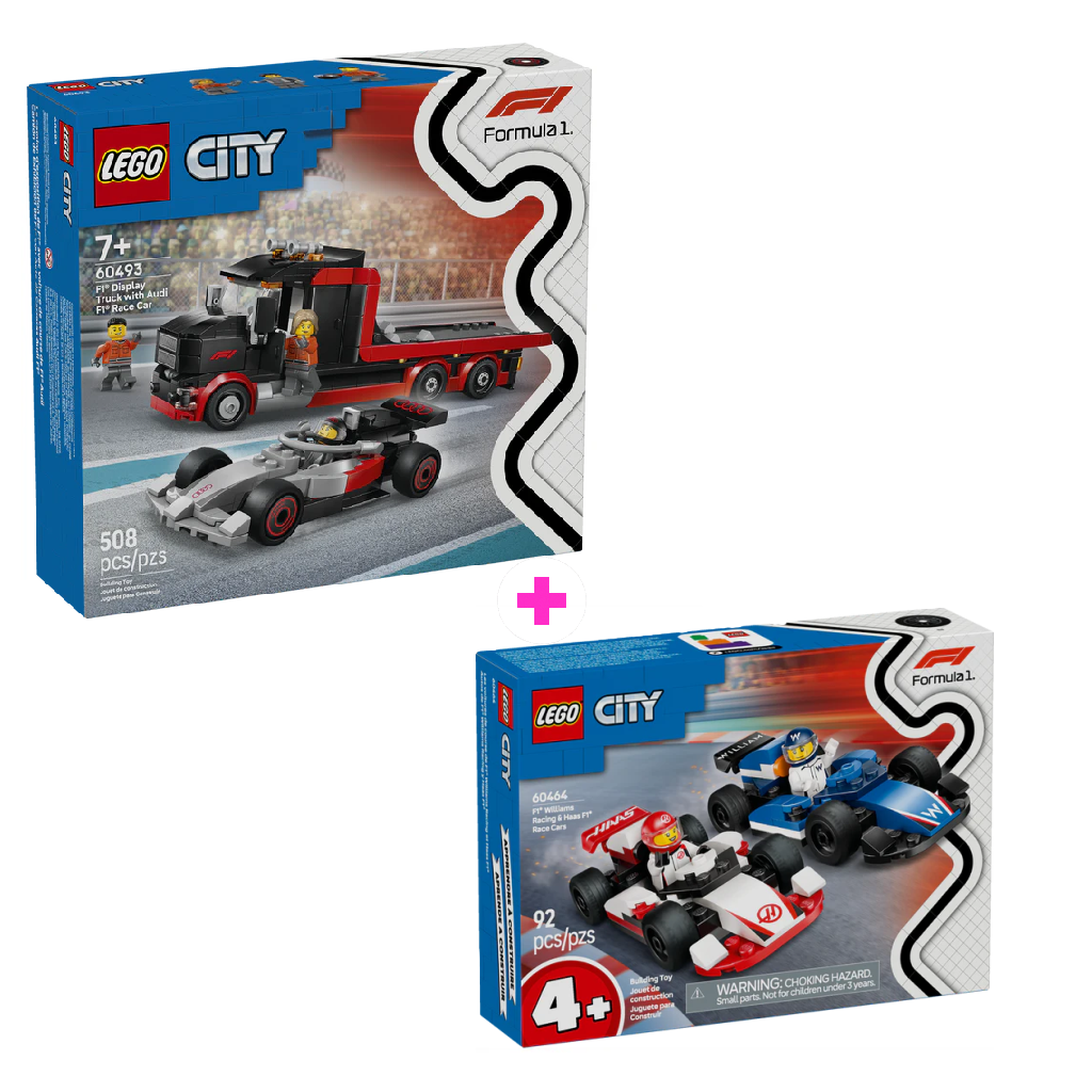Combo City F1®: Camión de Exposición de F1® con Coche de Carreras Audi F1® (60493) y Coches de F1® Williams Racing y Haas F1® (60464)