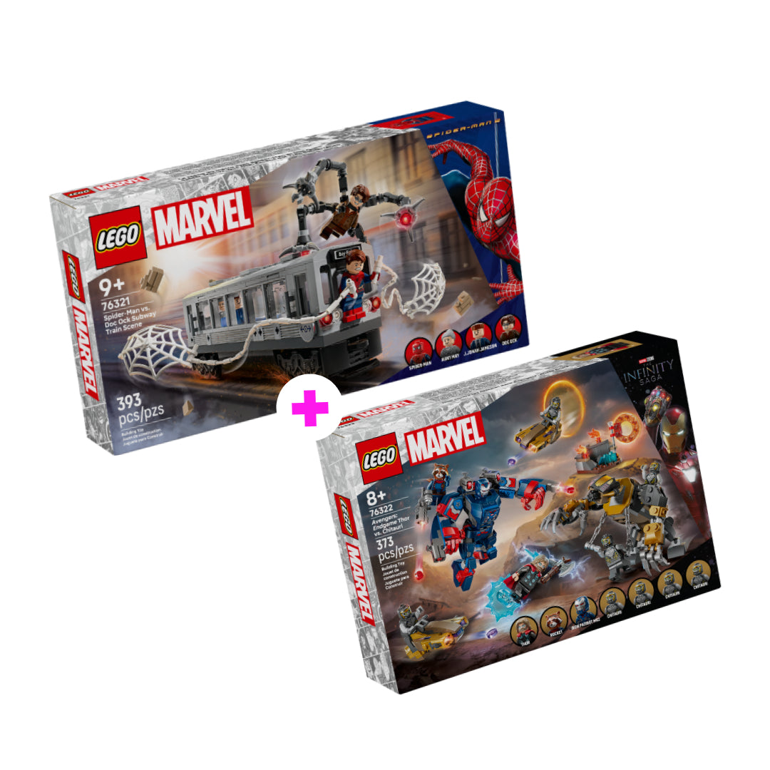 Combo Marvel Super Heroes: Spider-Man vs. Doc Ock: Escena del Tren Subterráneo (76321) y Thor de Vengadores: Endgame vs. Chitauri (76322)