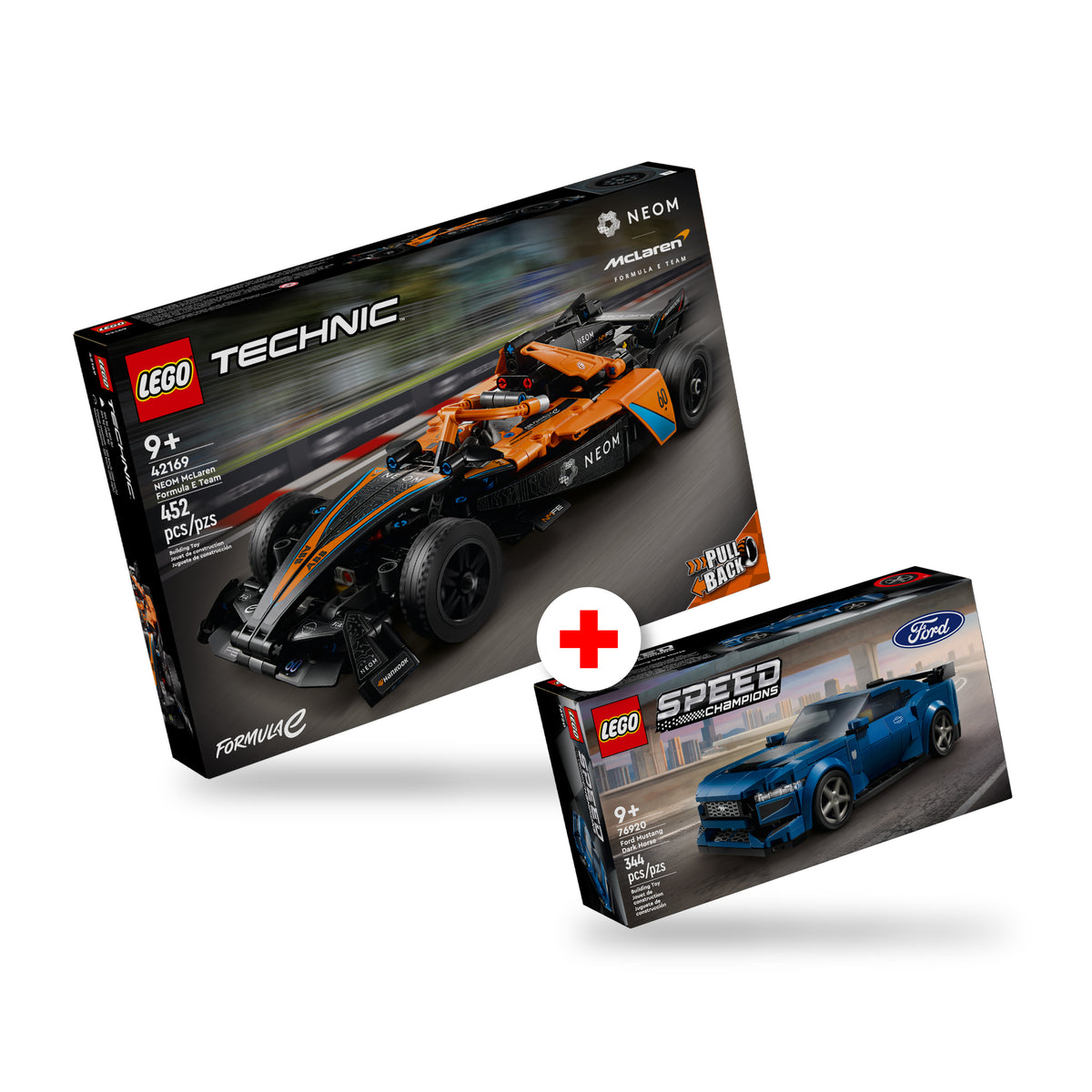 Combo Velocidad: NEOM McLaren Formula E Race Car (42169) y Deportivo Ford Mustang Dark Horse (76920)