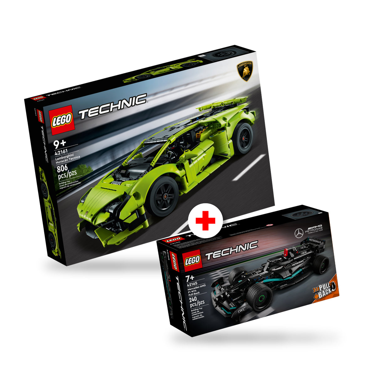 Combo Technic: Lamborghini Huracán Tecnica (42161) y Mercedes-AMG F1 W14 E Performance Pull-Back (42165)