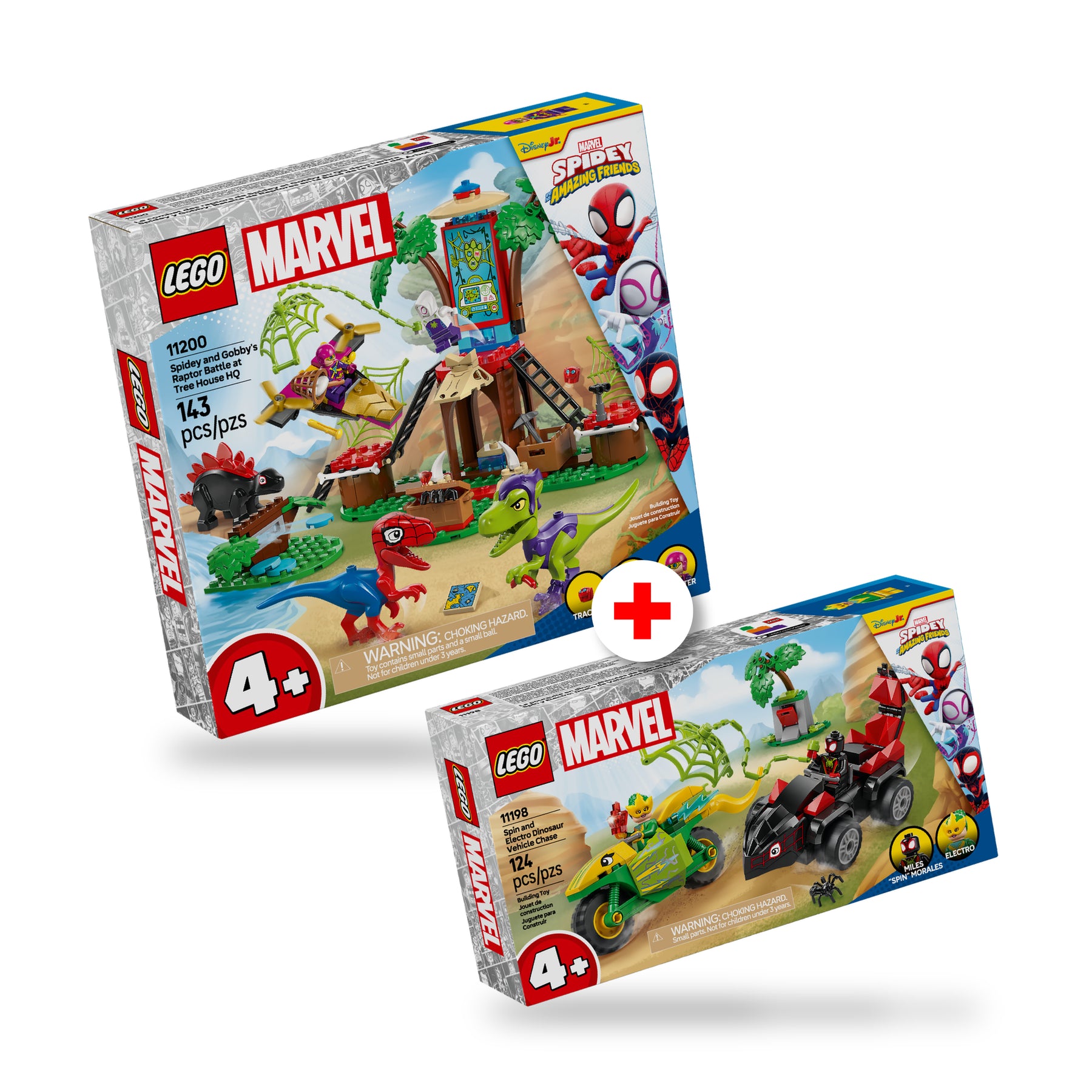 Combo Marvel: Spin y Electro: Duelo de Vehículos Dinosaurio (11198) y  Spidey y Gobby: Batalla de Raptores en la Base de la Casa del Árbol (11200)