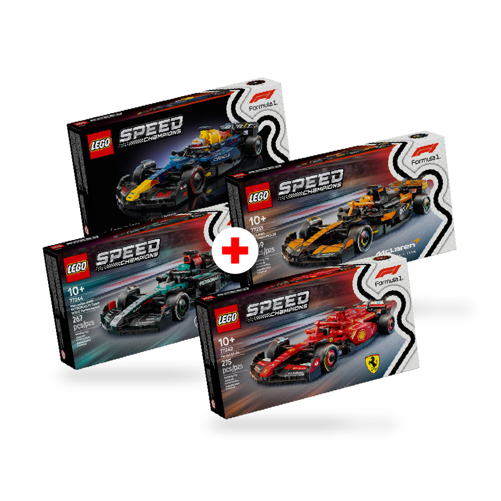 Combo Speed Champions 2: Auto de Carreras Ferrari SF-24 F1® (77242) + Auto de Carreras Oracle Red Bull Racing RB20 F1® (77243) + Auto de Carreras Mercedes-AMG PETRONAS F1® Team (77244) + Auto de Carreras McLaren F1® Team MCL38 (77251)