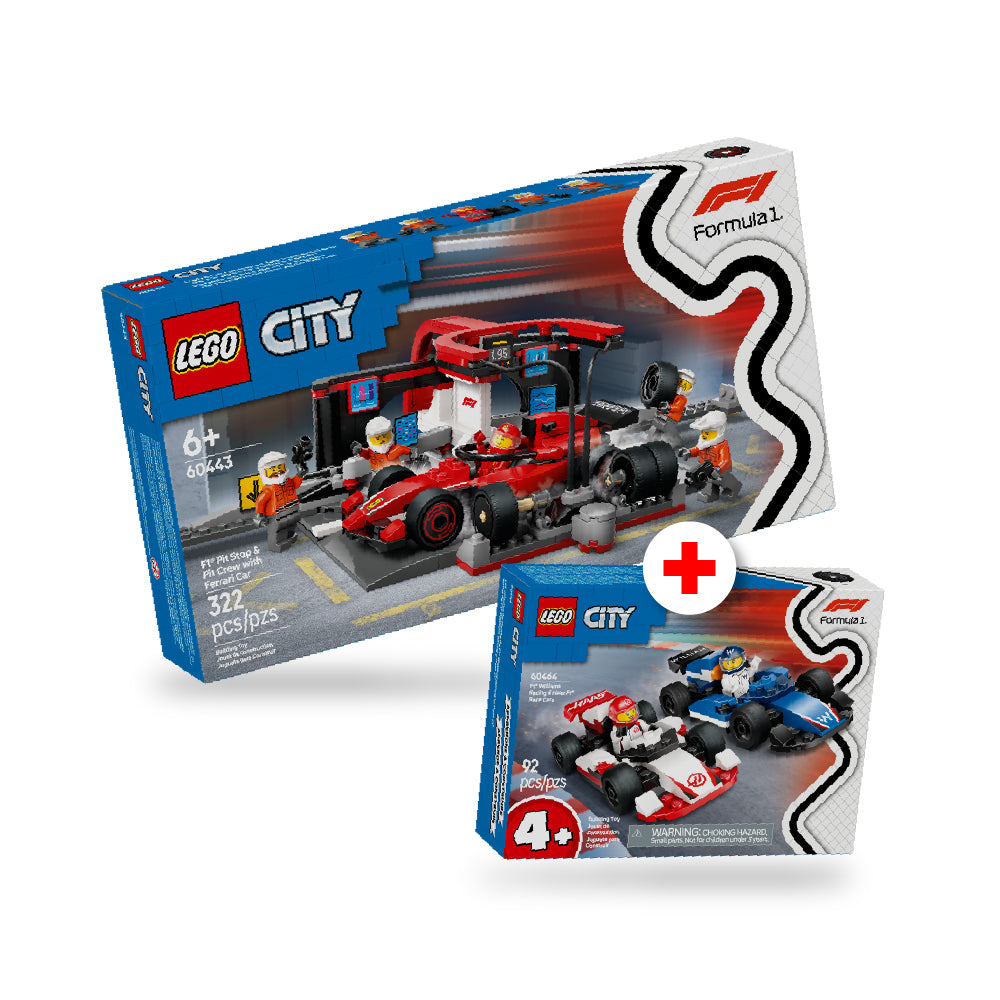 Combo City: Parada en Boxes de F1® y Equipo de Mecánicos con Coche Ferrari (60443) y Coches de F1® Williams Racing y Haas F1® (60464)