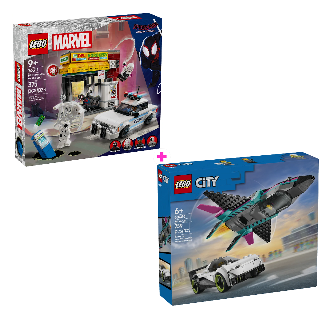 Combo Súper Historias 1: Multiverso Arácnido: Miles Morales vs. Mancha (76311) y Jet vs. Coche (60489)