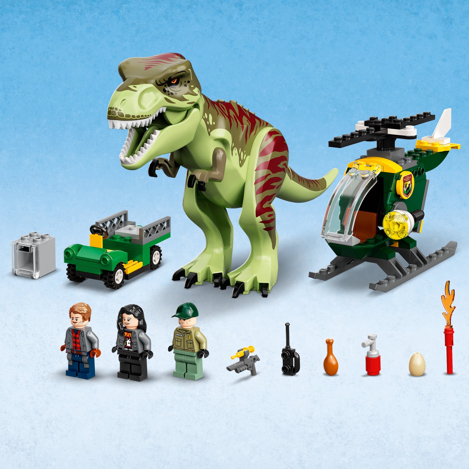 LEGO Jurassic World La Fuga del T. rex, Set con Eliporto, Garage, Veicolo,  Elicottero, Dinosauro Giocattolo
